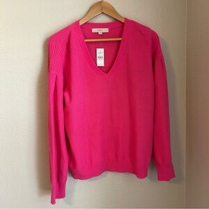 NWT, Loft Women’s V-Neck Pullover Puff Sleeve Cotton Blend Sweater in Pink, XL